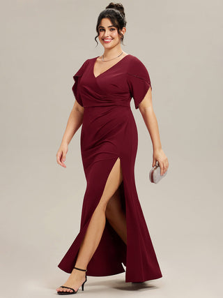 Short Sleeve Fishtail Deep V-Neck Thigh-High Slit Evening Dresses