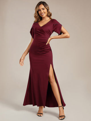 Short Sleeve Fishtail Deep V-Neck Thigh-High Slit Evening Dresses