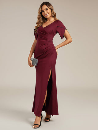 Short Sleeve Fishtail Deep V-Neck Thigh-High Slit Evening Dresses