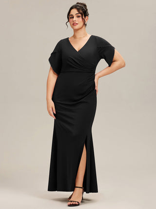 Short Sleeve Fishtail Deep V-Neck Thigh-High Slit Evening Dresses