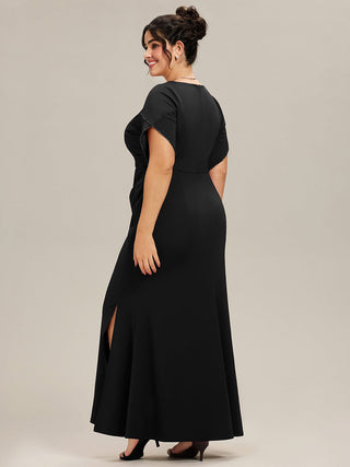 Short Sleeve Fishtail Deep V-Neck Thigh-High Slit Evening Dresses