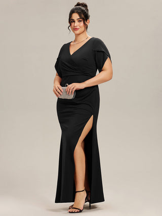 Short Sleeve Fishtail Deep V-Neck Thigh-High Slit Evening Dresses