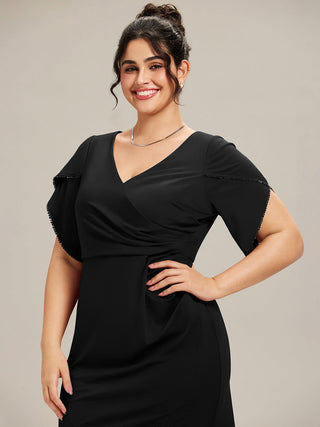 Short Sleeve Fishtail Deep V-Neck Thigh-High Slit Evening Dresses