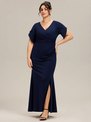 Short Sleeve Fishtail Deep V-Neck Thigh-High Slit Evening Dresses