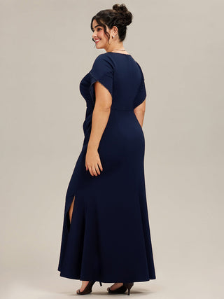 Short Sleeve Fishtail Deep V-Neck Thigh-High Slit Evening Dresses