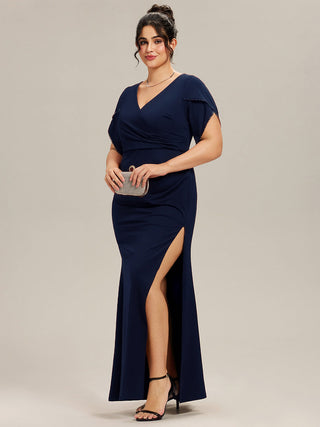 Short Sleeve Fishtail Deep V-Neck Thigh-High Slit Evening Dresses