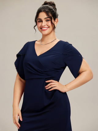 Short Sleeve Fishtail Deep V-Neck Thigh-High Slit Evening Dresses