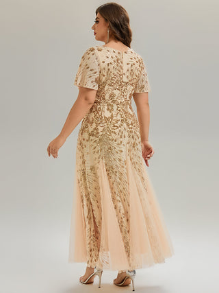 Plus Size Short Sleeve Ruffle Sequin V-Neck A-Line Maxi Evening Dresses