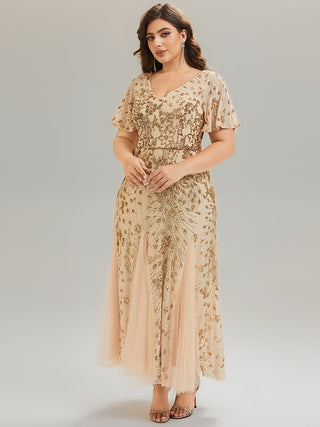 Short Sleeve Ruffle Sequin V-Neck A-Line Maxi Evening Dresses