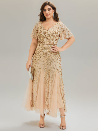 Plus Size Short Sleeve Ruffle Sequin V-Neck A-Line Maxi Evening Dresses