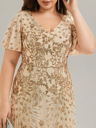 Short Sleeve Ruffle Sequin V-Neck A-Line Maxi Evening Dresses
