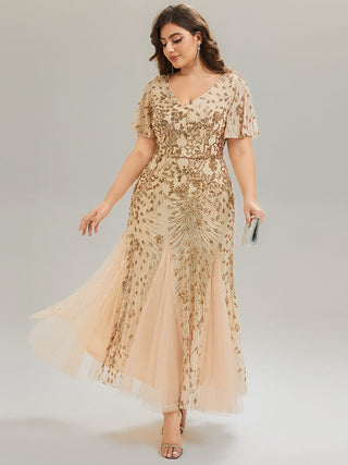 Plus Size Short Sleeve Ruffle Sequin V-Neck A-Line Maxi Evening Dresses