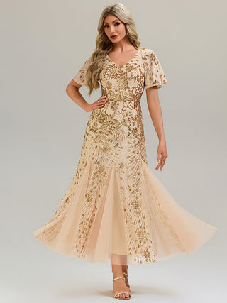 Short Sleeve Ruffle Sequin V-Neck A-Line Maxi Evening Dresses