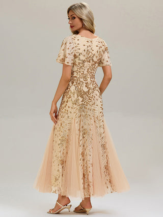 Short Sleeve Ruffle Sequin V-Neck A-Line Maxi Evening Dresses