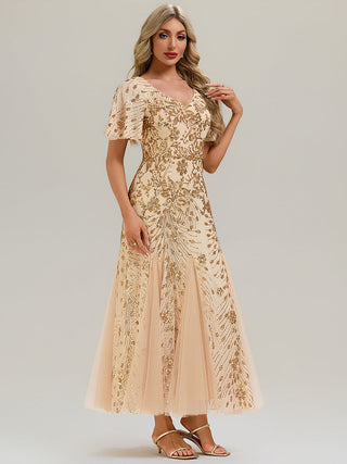 Short Sleeve Ruffle Sequin V-Neck A-Line Maxi Evening Dresses