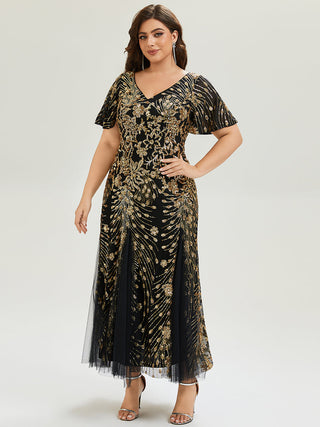 Short Sleeve Ruffle Sequin V-Neck A-Line Maxi Evening Dresses