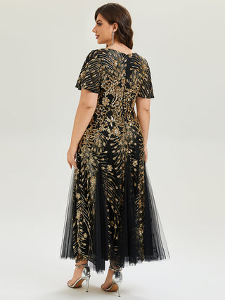 Plus Size Short Sleeve Ruffle Sequin V-Neck A-Line Maxi Evening Dresses