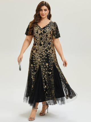 Plus Size Short Sleeve Ruffle Sequin V-Neck A-Line Maxi Evening Dresses