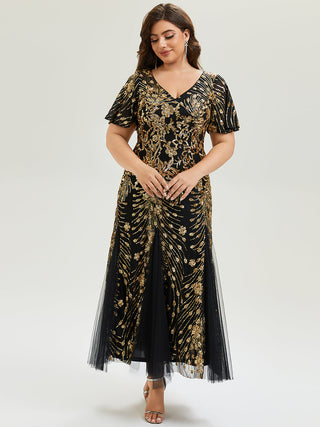 Short Sleeve Ruffle Sequin V-Neck A-Line Maxi Evening Dresses