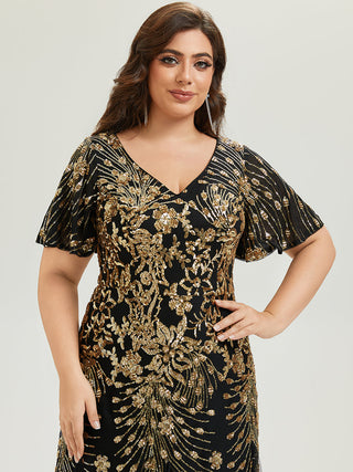 Plus Size Short Sleeve Ruffle Sequin V-Neck A-Line Maxi Evening Dresses
