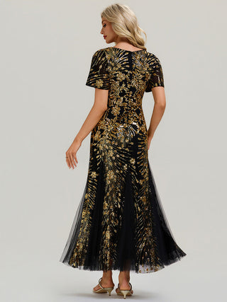 Short Sleeve Ruffle Sequin V-Neck A-Line Maxi Evening Dresses