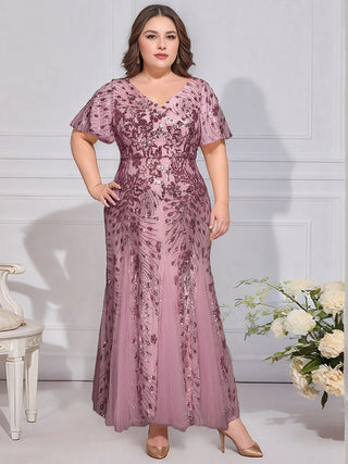 Short Sleeve Ruffle Sequin V-Neck A-Line Maxi Evening Dresses