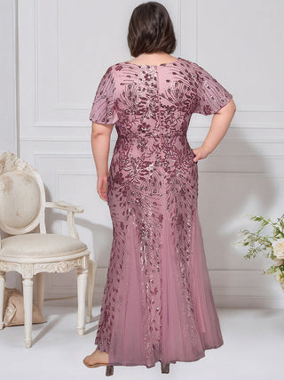 Plus Size Short Sleeve Ruffle Sequin V-Neck A-Line Maxi Evening Dresses