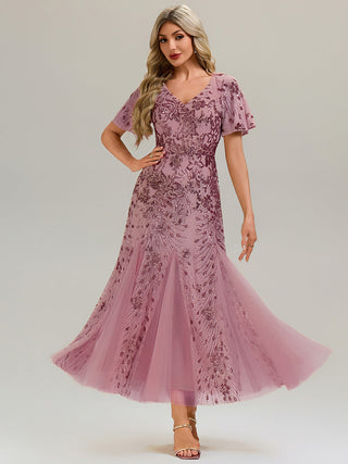 Short Sleeve Ruffle Sequin V-Neck A-Line Maxi Evening Dresses