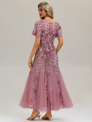 Short Sleeve Ruffle Sequin V-Neck A-Line Maxi Evening Dresses
