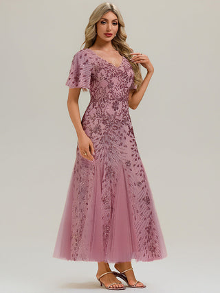Short Sleeve Ruffle Sequin V-Neck A-Line Maxi Evening Dresses