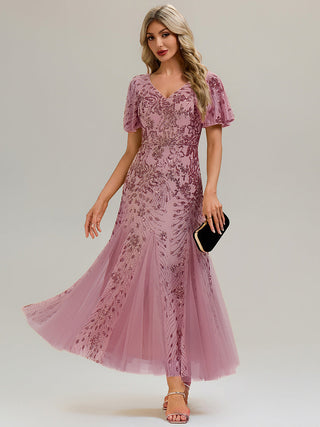 Short Sleeve Ruffle Sequin V-Neck A-Line Maxi Evening Dresses