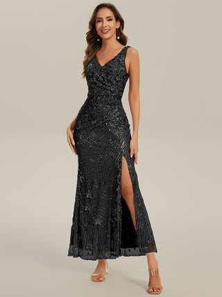 Strapless Deep V-Neck Fishtail Maxi Dress with High Stretch Evening Dresses