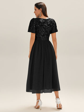 Short Sleeve Ruffle Sequin Deep V-Neck Fishtail Midi Evening Dresses