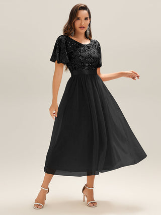 Short Sleeve Ruffle Sequin Deep V-Neck Fishtail Midi Evening Dresses