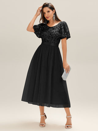 Short Sleeve Ruffle Sequin Deep V-Neck Fishtail Midi Evening Dresses