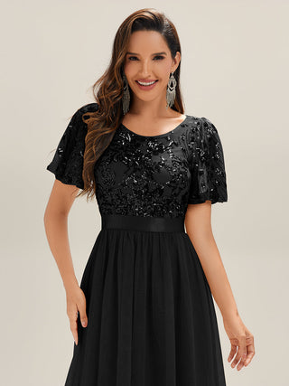 Short Sleeve Ruffle Sequin Deep V-Neck Fishtail Midi Evening Dresses