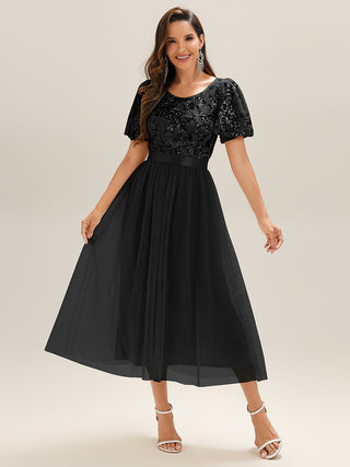 Short Sleeve Ruffle Sequin Deep V-Neck Fishtail Midi Evening Dresses
