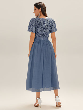 Short Sleeve Ruffle Sequin Deep V-Neck Fishtail Midi Evening Dresses