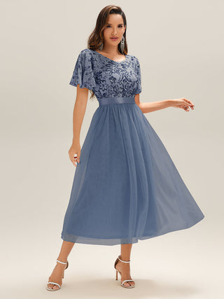 Short Sleeve Ruffle Sequin Deep V-Neck Fishtail Midi Evening Dresses