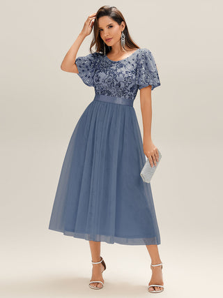 Short Sleeve Ruffle Sequin Deep V-Neck Fishtail Midi Evening Dresses