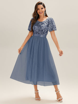 Short Sleeve Ruffle Sequin Deep V-Neck Fishtail Midi Evening Dresses