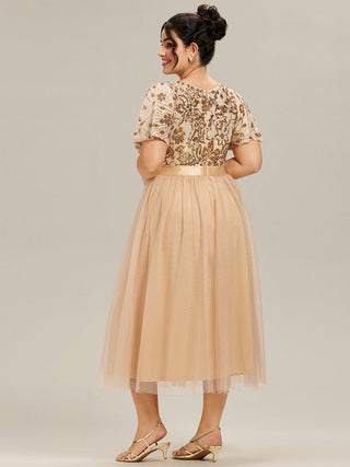 Short Sleeve Ruffle Sequin Deep V-Neck Fishtail Midi Evening Dresses