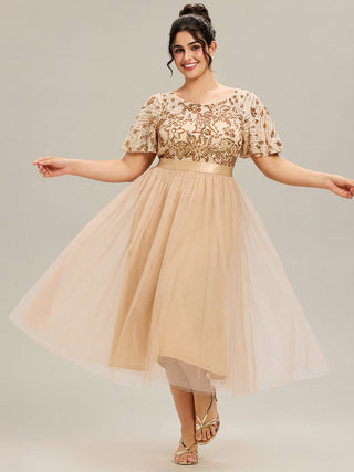 Short Sleeve Ruffle Sequin Deep V-Neck Fishtail Midi Evening Dresses