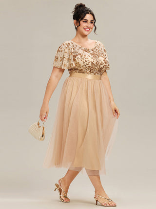 Short Sleeve Ruffle Sequin Deep V-Neck Fishtail Midi Evening Dresses