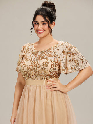 Short Sleeve Ruffle Sequin Deep V-Neck Fishtail Midi Evening Dresses