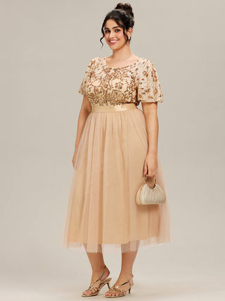 Short Sleeve Ruffle Sequin Deep V-Neck Fishtail Midi Evening Dresses
