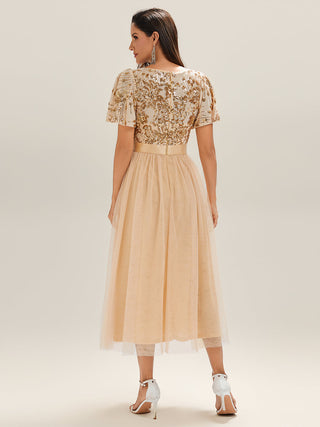 Short Sleeve Ruffle Sequin Deep V-Neck Fishtail Midi Evening Dresses