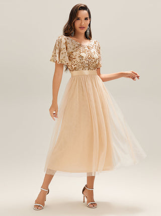 Short Sleeve Ruffle Sequin Deep V-Neck Fishtail Midi Evening Dresses