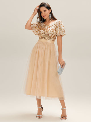 Short Sleeve Ruffle Sequin Deep V-Neck Fishtail Midi Evening Dresses