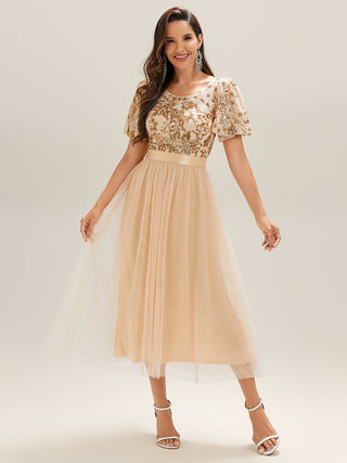 Short Sleeve Ruffle Sequin Deep V-Neck Fishtail Midi Evening Dresses